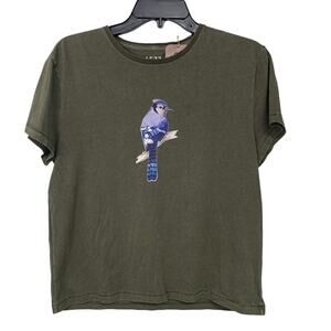 New Upcycled Hand Printed Womens Medium Blue Jay Bird Rugged Style Tee Shirt